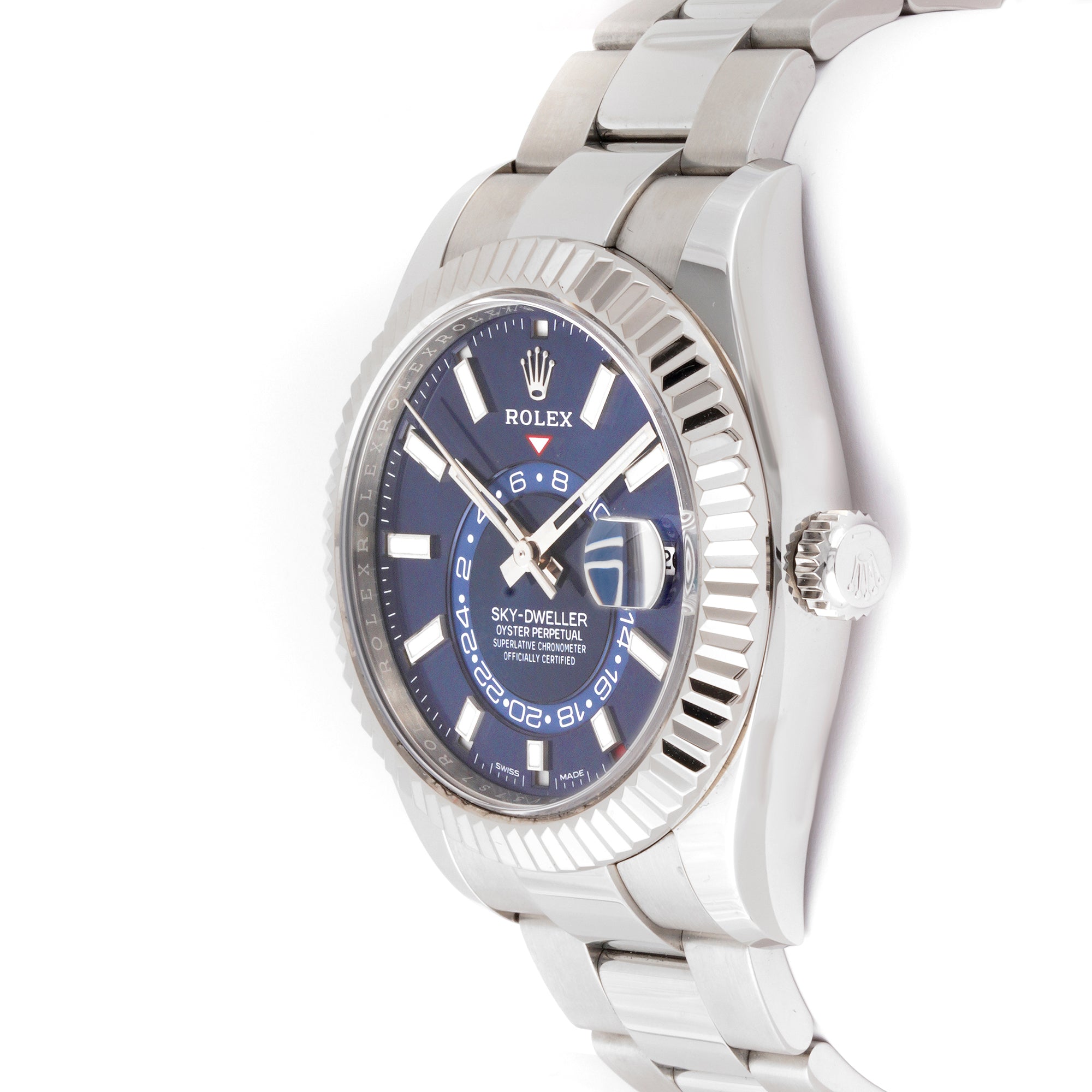 Rolex Sky-Dweller 42mm Stainless Steel & White Gold 326934 Blue Dial | Index hour markers, Fluted bezel