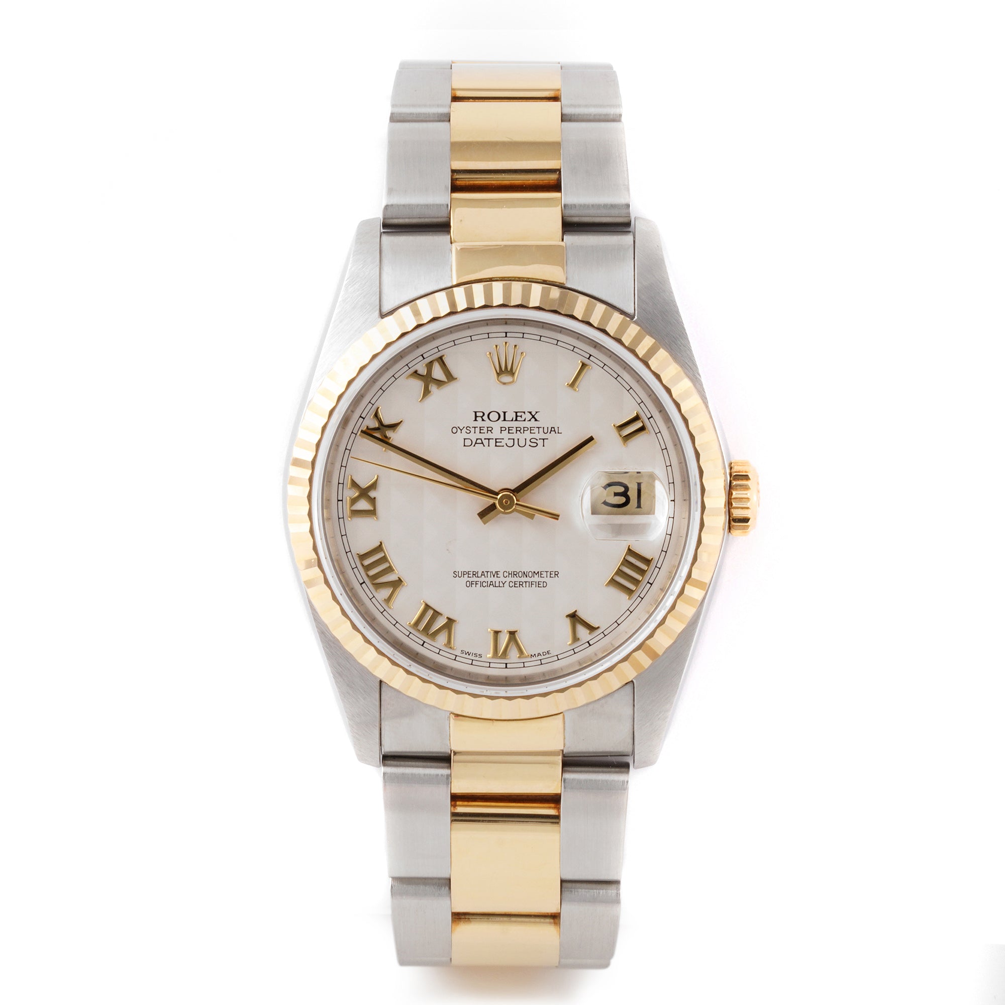 Rolex Datejust 36mm Stainless Steel & Yellow Gold 16233 Ivory Pyramid Dial | Roman Numerals hour markers, Fluted bezel