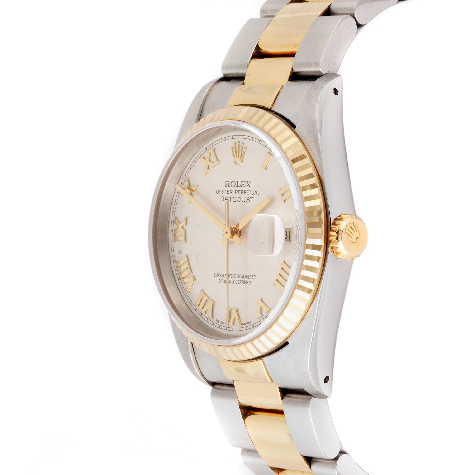 Rolex Datejust 36mm Stainless Steel & Yellow Gold 16233 Ivory Pyramid Dial | Roman Numerals hour markers, Fluted bezel