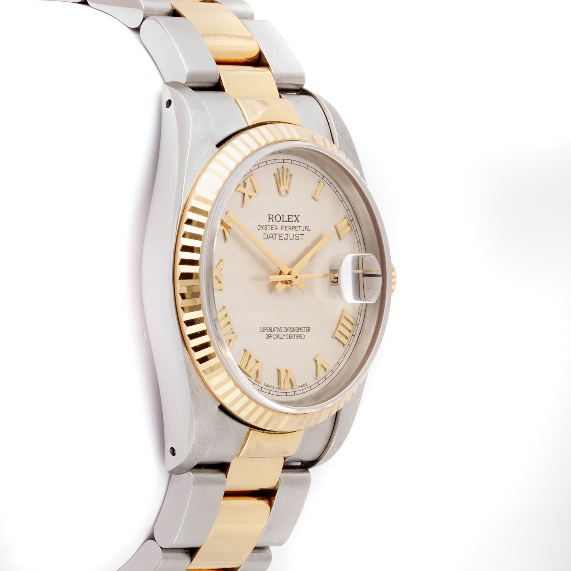 Rolex Datejust 36mm Stainless Steel & Yellow Gold 16233 Ivory Pyramid Dial | Roman Numerals hour markers, Fluted bezel