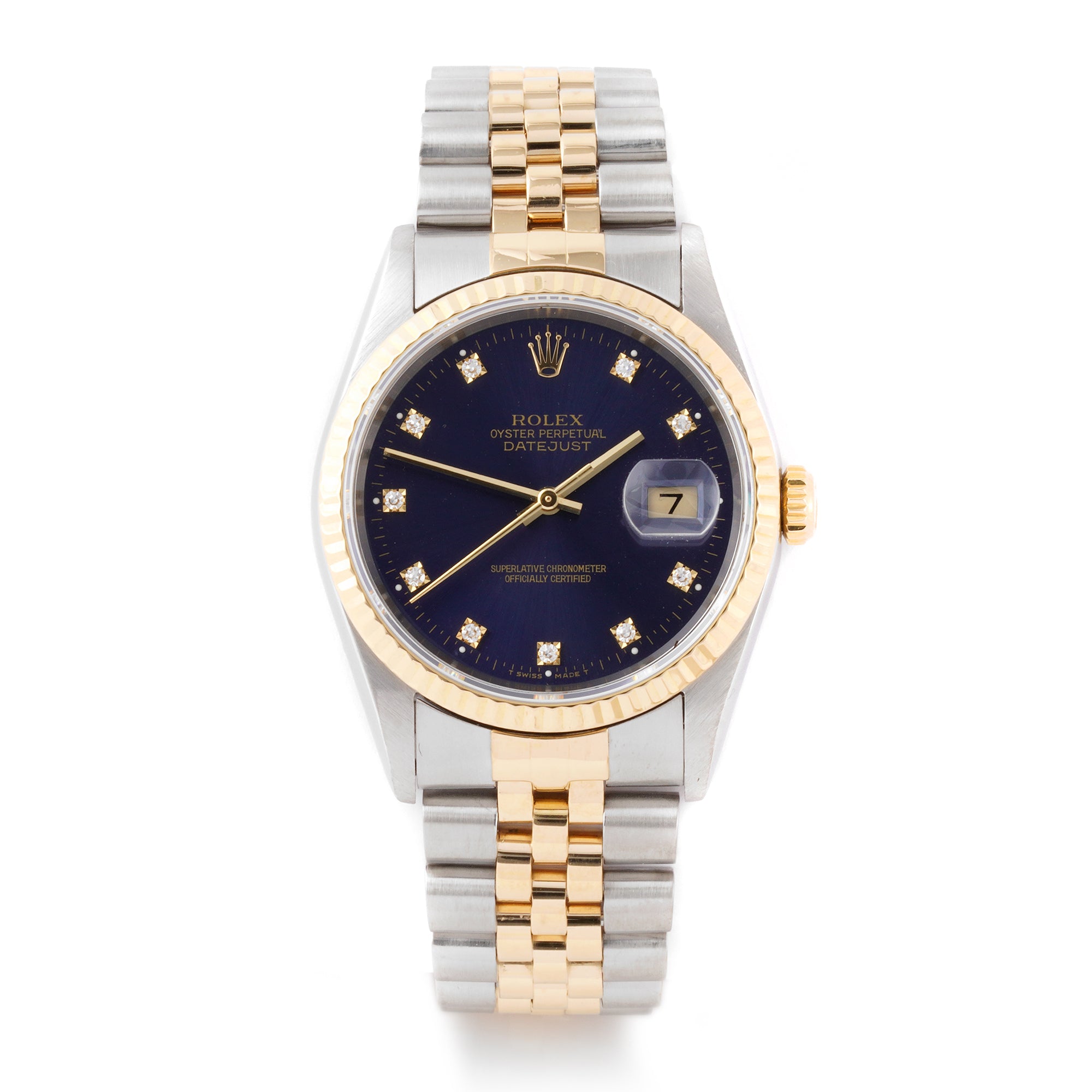 Rolex Datejust 36mm Stainless Steel & Yellow Gold 16233 Blue Dial | Diamond hour markers, Fluted bezel