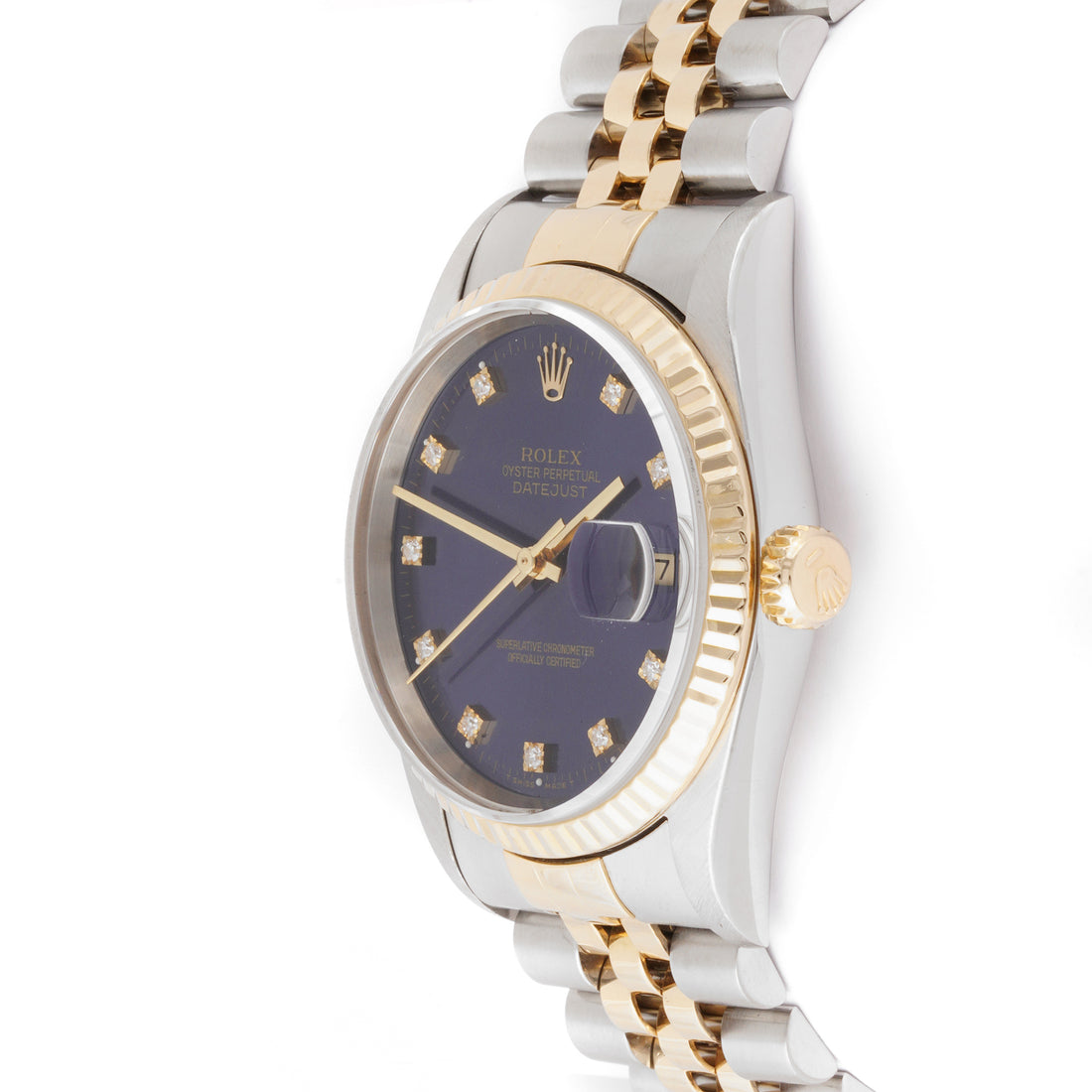 Rolex Datejust 36mm Stainless Steel & Yellow Gold 16233 Blue Dial | Diamond hour markers, Fluted bezel
