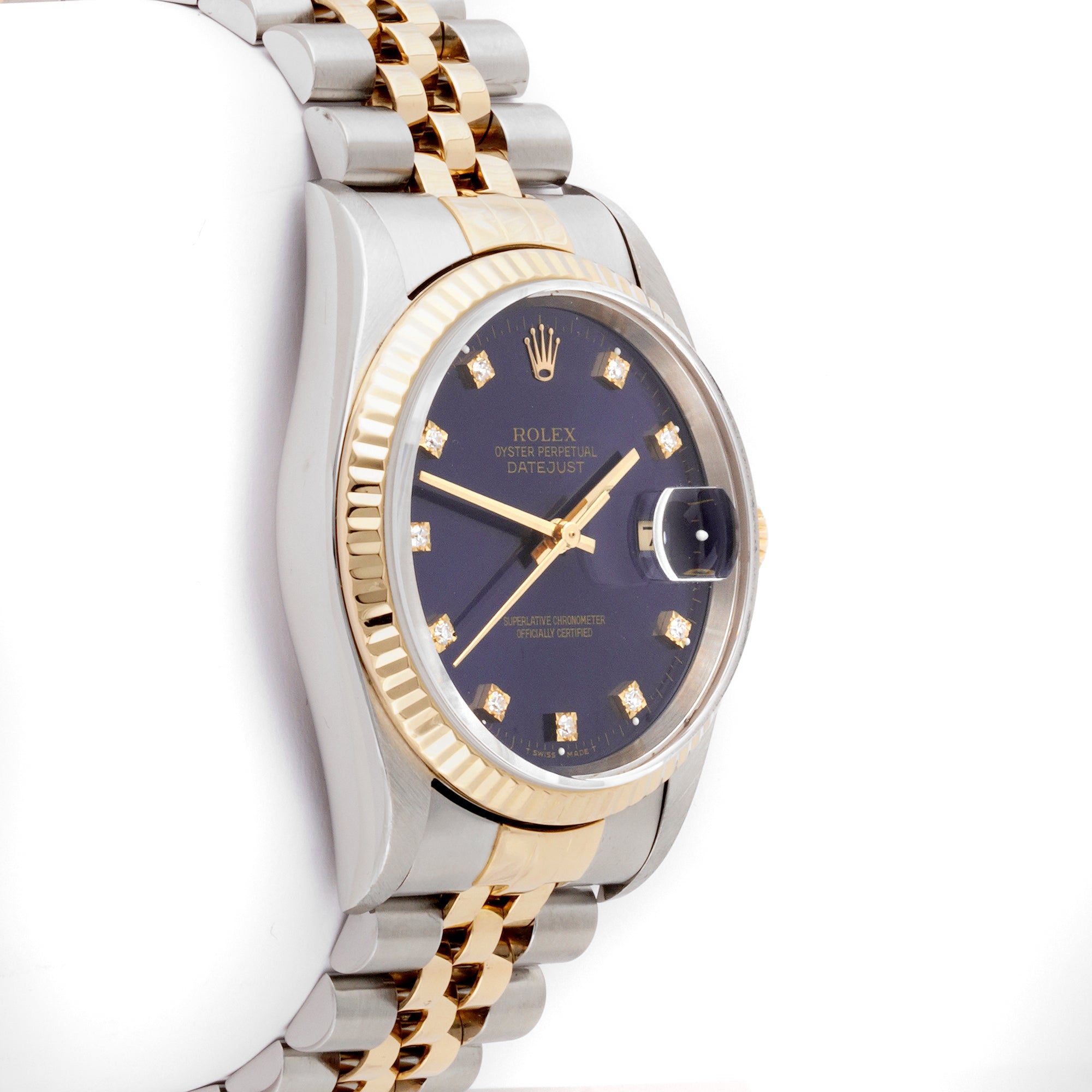 Rolex Datejust 36mm Stainless Steel & Yellow Gold 16233 Blue Dial | Diamond hour markers, Fluted bezel