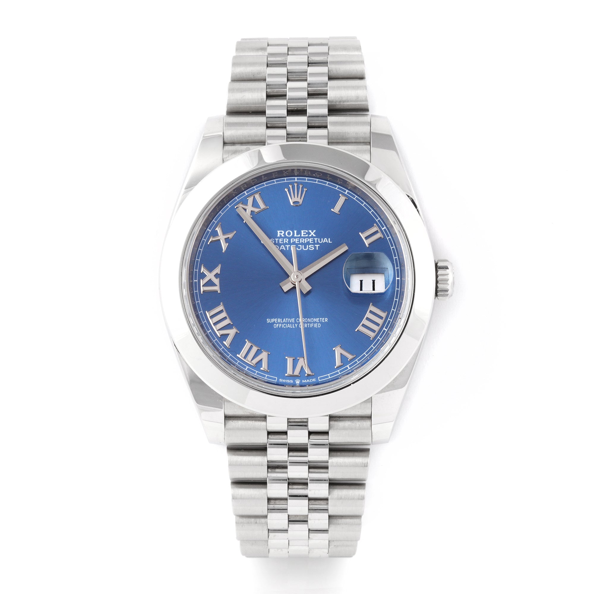 Rolex Datejust 41mm Stainless Steel 126300 Blue Dial | Roman Numerals hour markers, Smooth bezel