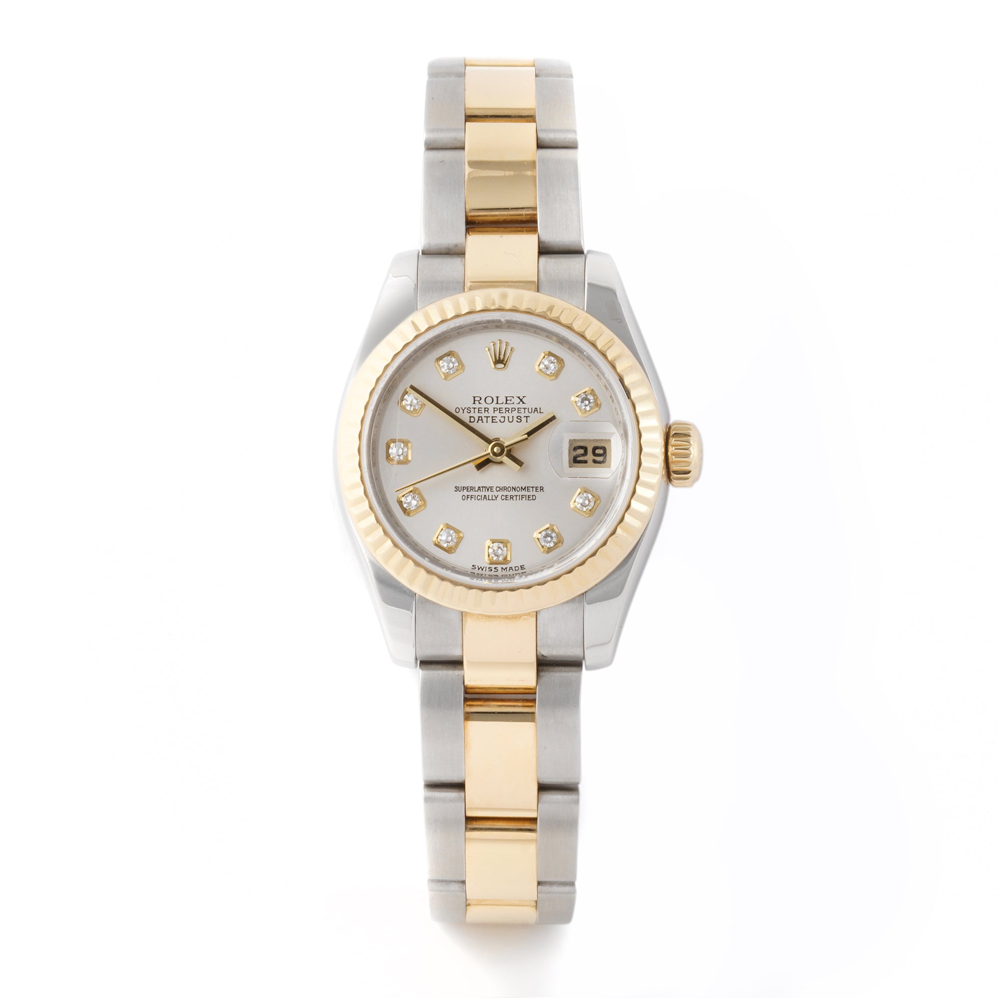 Rolex Datejust 26mm Stainless Steel & Yellow Gold 179173 Silver Dial | Diamond hour markers, Fluted bezel