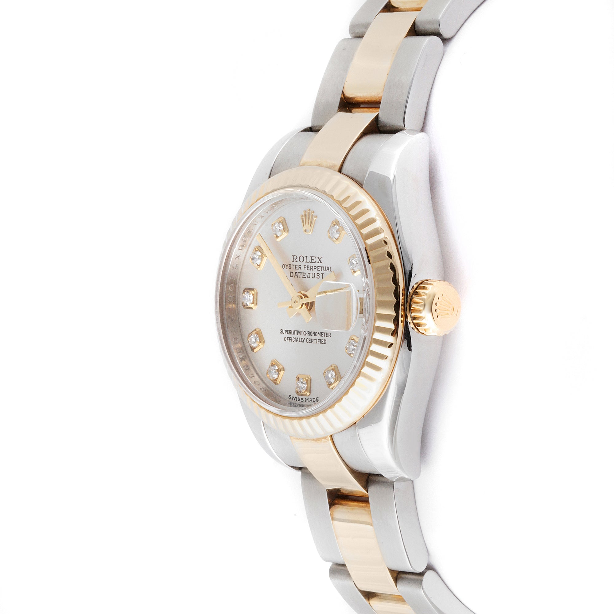 Rolex Datejust 26mm Stainless Steel & Yellow Gold 179173 Silver Dial | Diamond hour markers, Fluted bezel