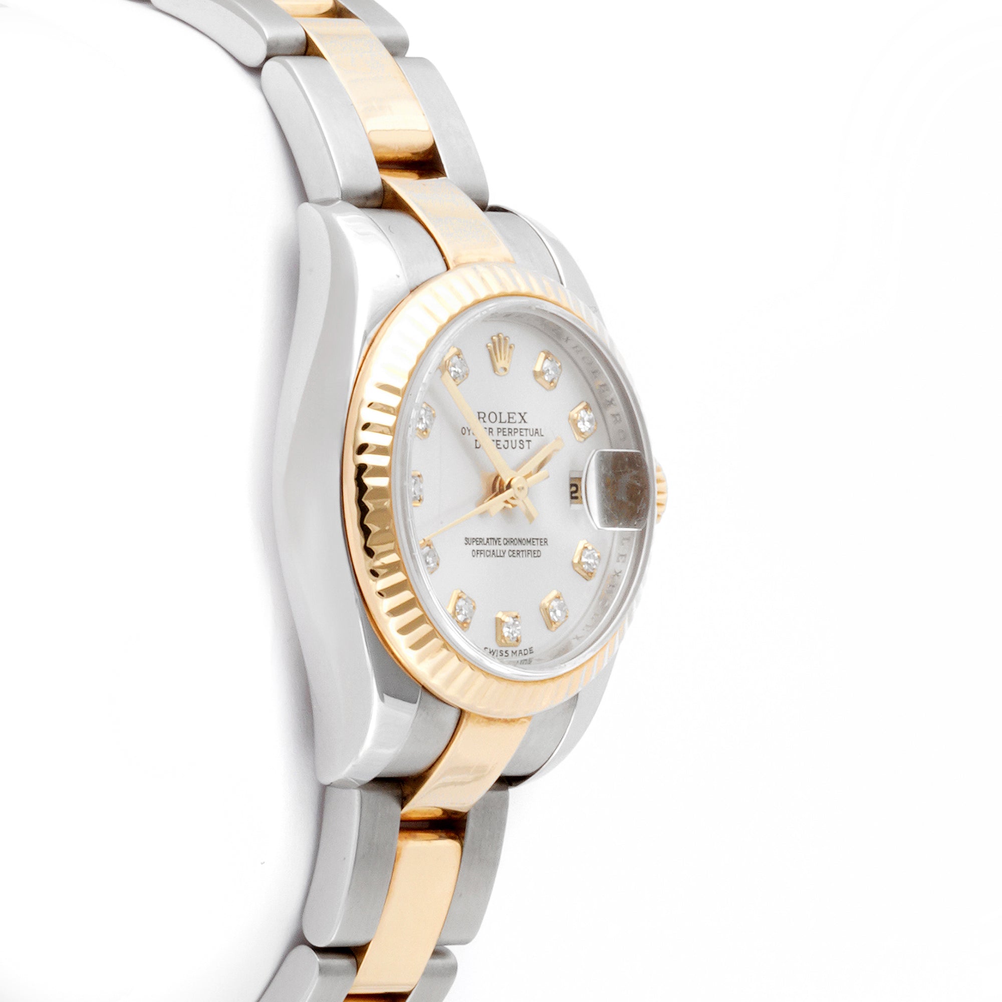 Rolex Datejust 26mm Stainless Steel & Yellow Gold 179173 Silver Dial | Diamond hour markers, Fluted bezel