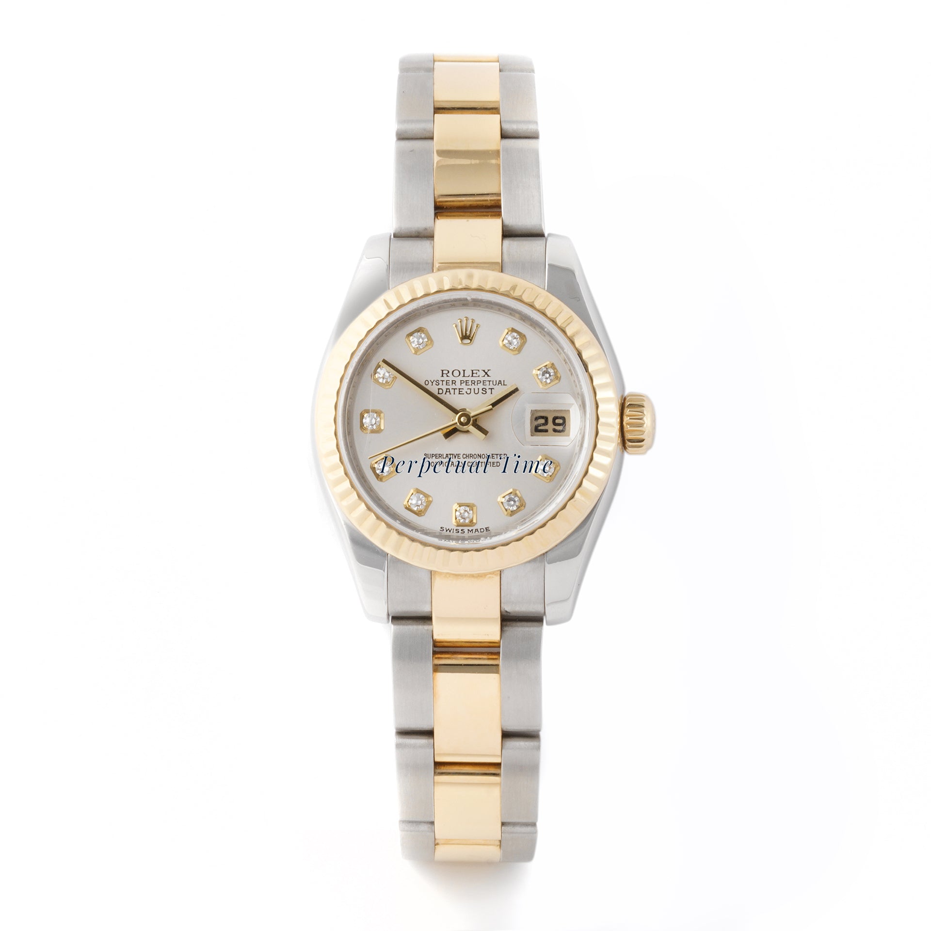 Rolex Datejust 26mm Stainless Steel & Yellow Gold 179173 Silver Dial | Diamond hour markers, Fluted bezel
