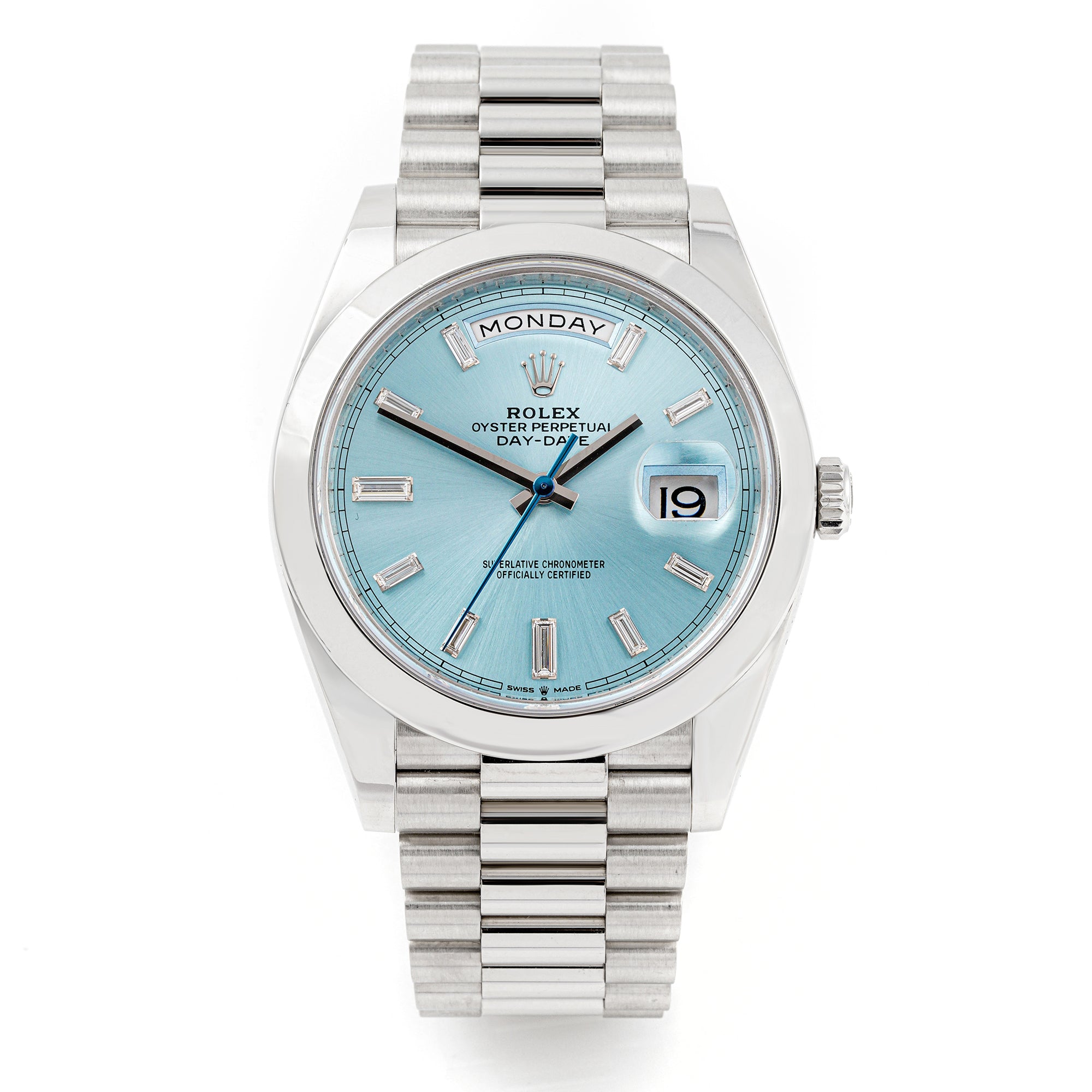 Rolex Day-Date 40 mm Platinum 228206 Ice Blue Dial | Diamond Baguette hour markers, Smooth bezel