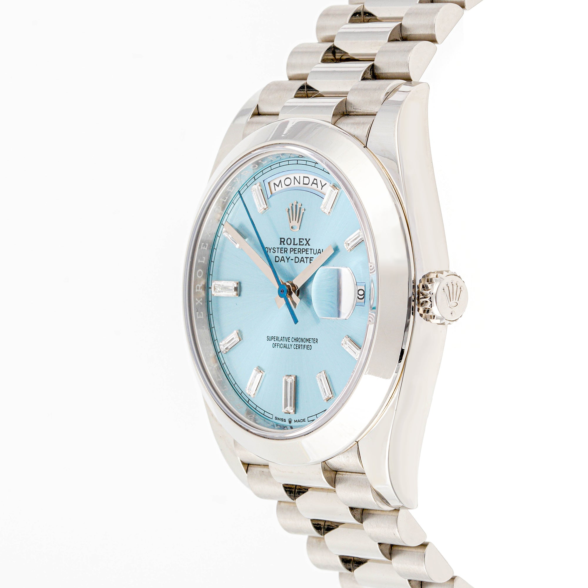 Rolex Day-Date 40 mm Platinum 228206 Ice Blue Dial | Diamond Baguette hour markers, Smooth bezel