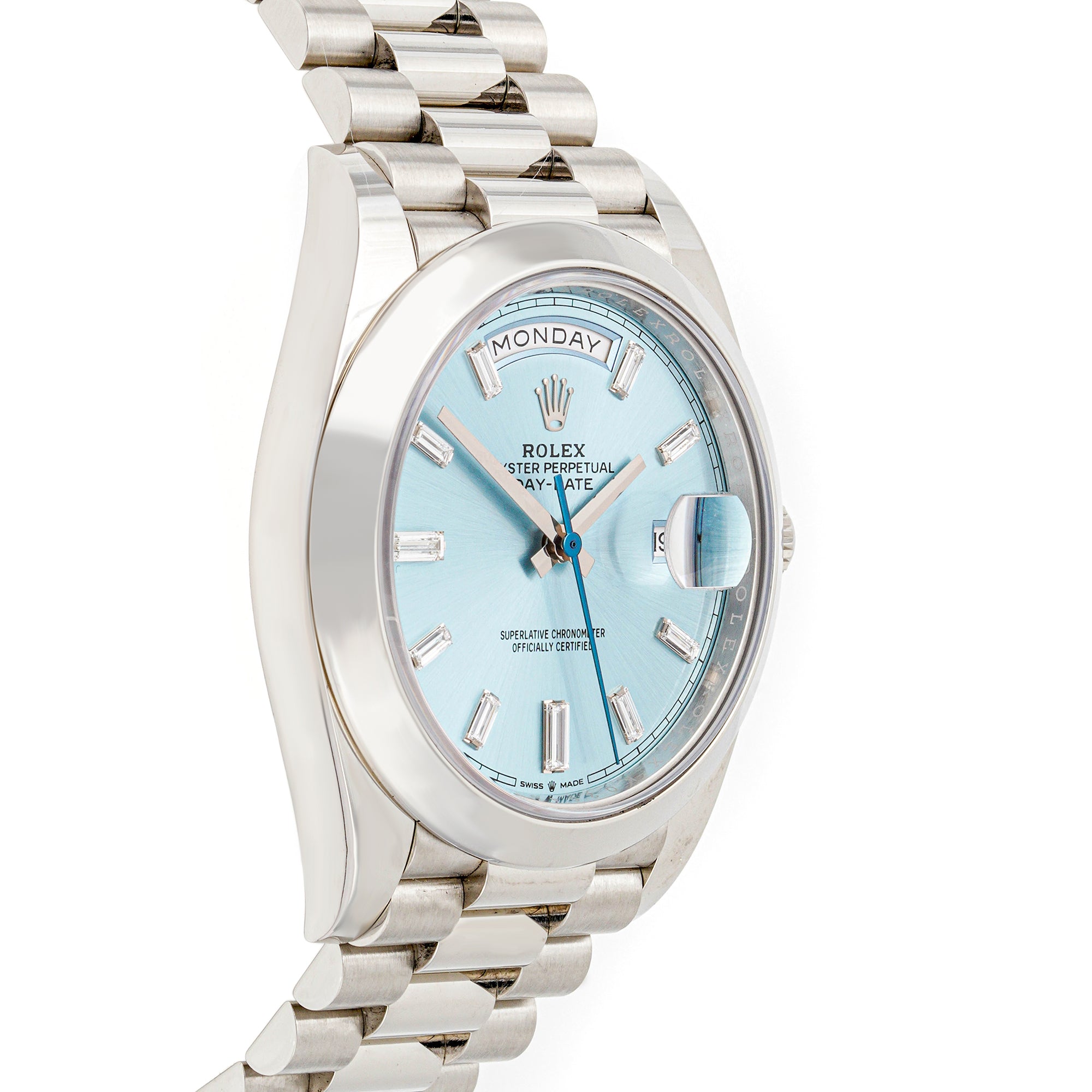 Rolex Day-Date 40 mm Platinum 228206 Ice Blue Dial | Diamond Baguette hour markers, Smooth bezel