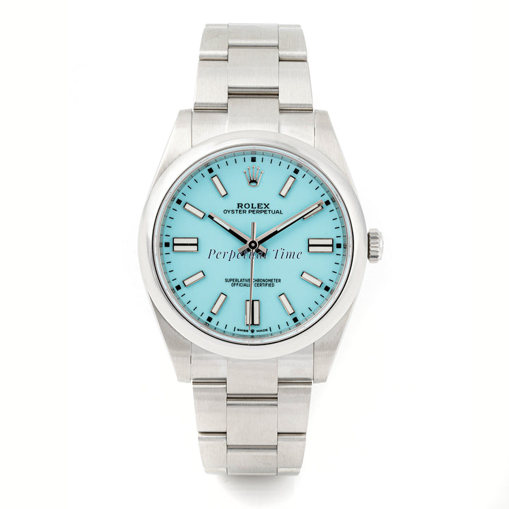 Rolex Oyster Perpetual 41mm Stainless Steel 124300 Turquoise Dial | Index hour markers, Smooth bezel