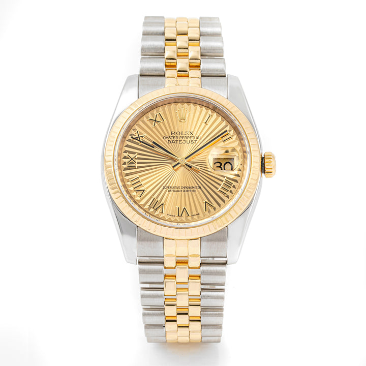 Rolex Datejust 36mm Stainless Steel & Yellow Gold 116233 Champagne Sunbeam Dial | Roman Numerals hour markers, Fluted bezel
