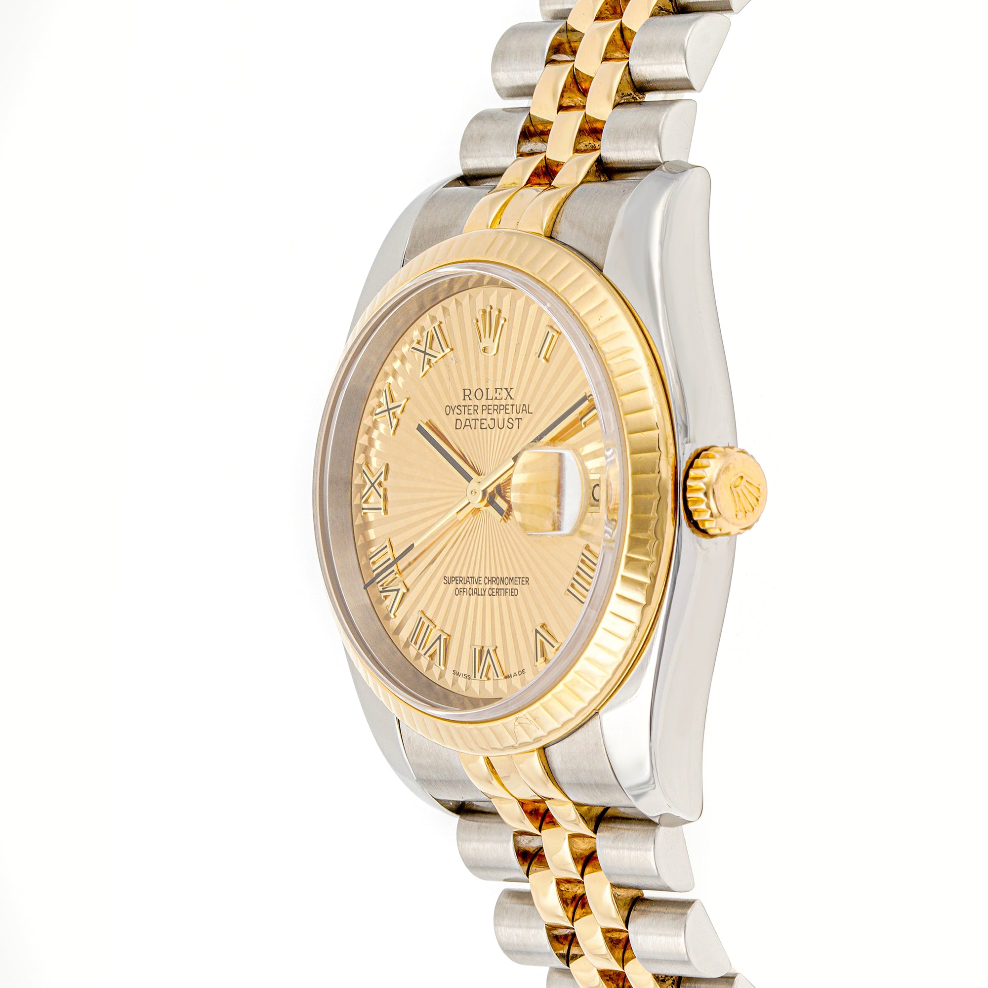 Rolex Datejust 36mm Stainless Steel & Yellow Gold 116233 Champagne Sunbeam Dial | Roman Numerals hour markers, Fluted bezel
