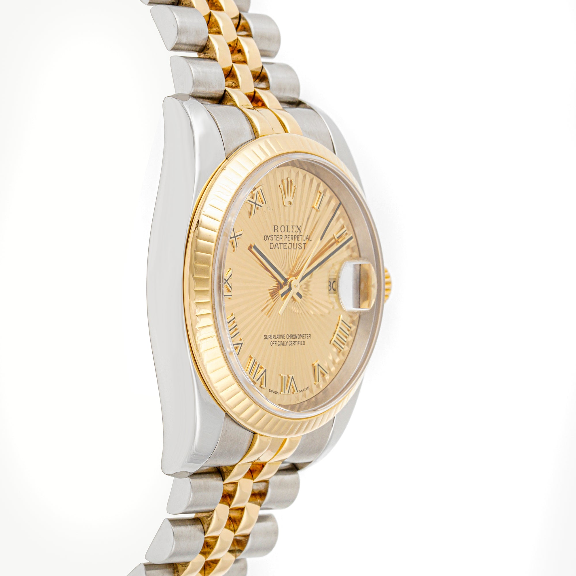 Rolex Datejust 36mm Stainless Steel & Yellow Gold 116233 Champagne Sunbeam Dial | Roman Numerals hour markers, Fluted bezel