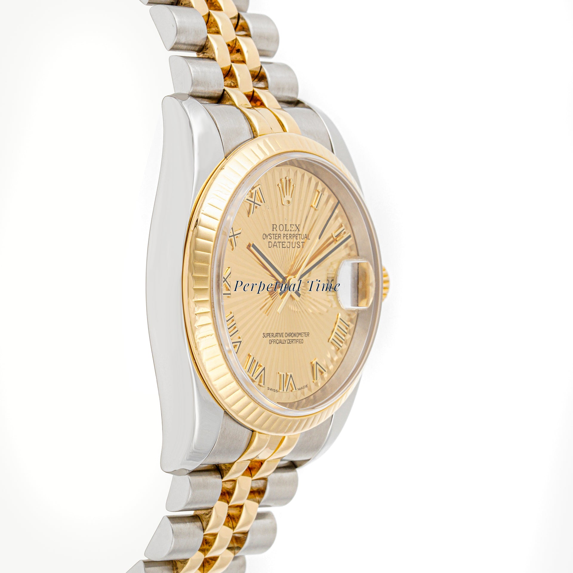 Rolex Datejust 36mm Stainless Steel & Yellow Gold 116233 Champagne Sunbeam Dial | Roman Numerals hour markers, Fluted bezel