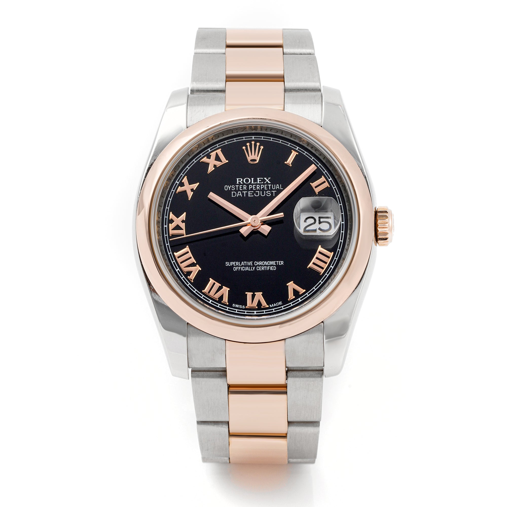 Rolex Datejust 36mm Stainless Steel & Rose Gold 116201 Black Dial | Roman Numerals hour markers, Smooth bezel