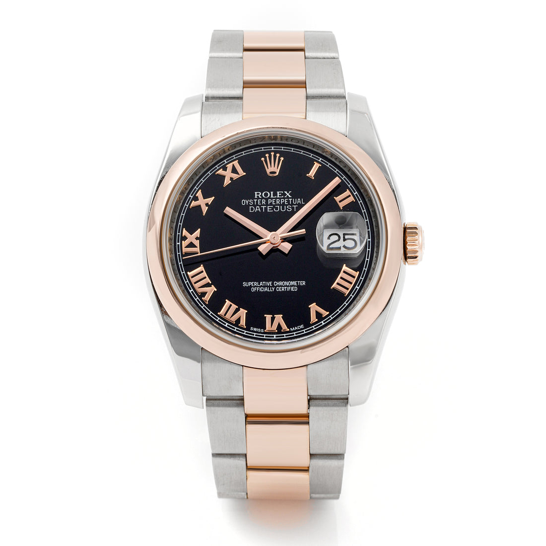 Rolex Datejust 36mm Stainless Steel & Rose Gold 116201 Black Dial | Roman Numerals hour markers, Smooth bezel