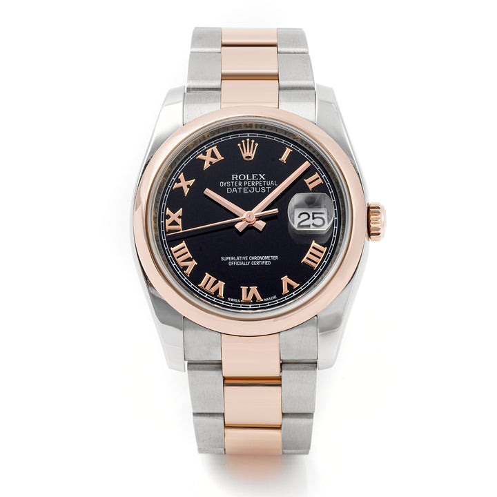 Rolex Datejust 36mm Stainless Steel & Rose Gold 116201 Black Dial | Roman Numerals hour markers, Smooth bezel