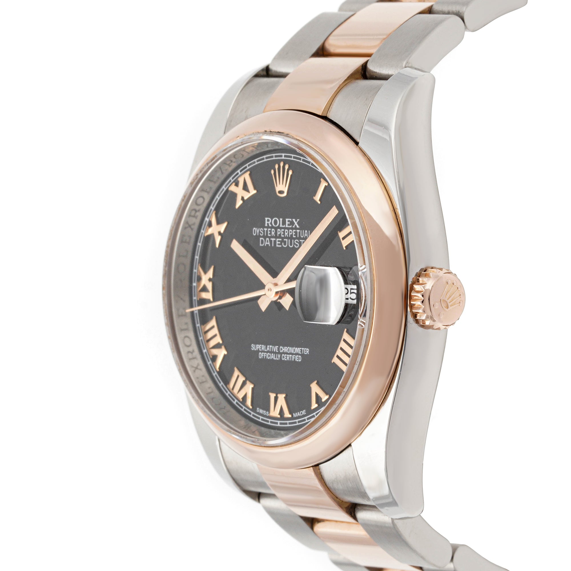 Rolex Datejust 36mm Stainless Steel & Rose Gold 116201 Black Dial | Roman Numerals hour markers, Smooth bezel