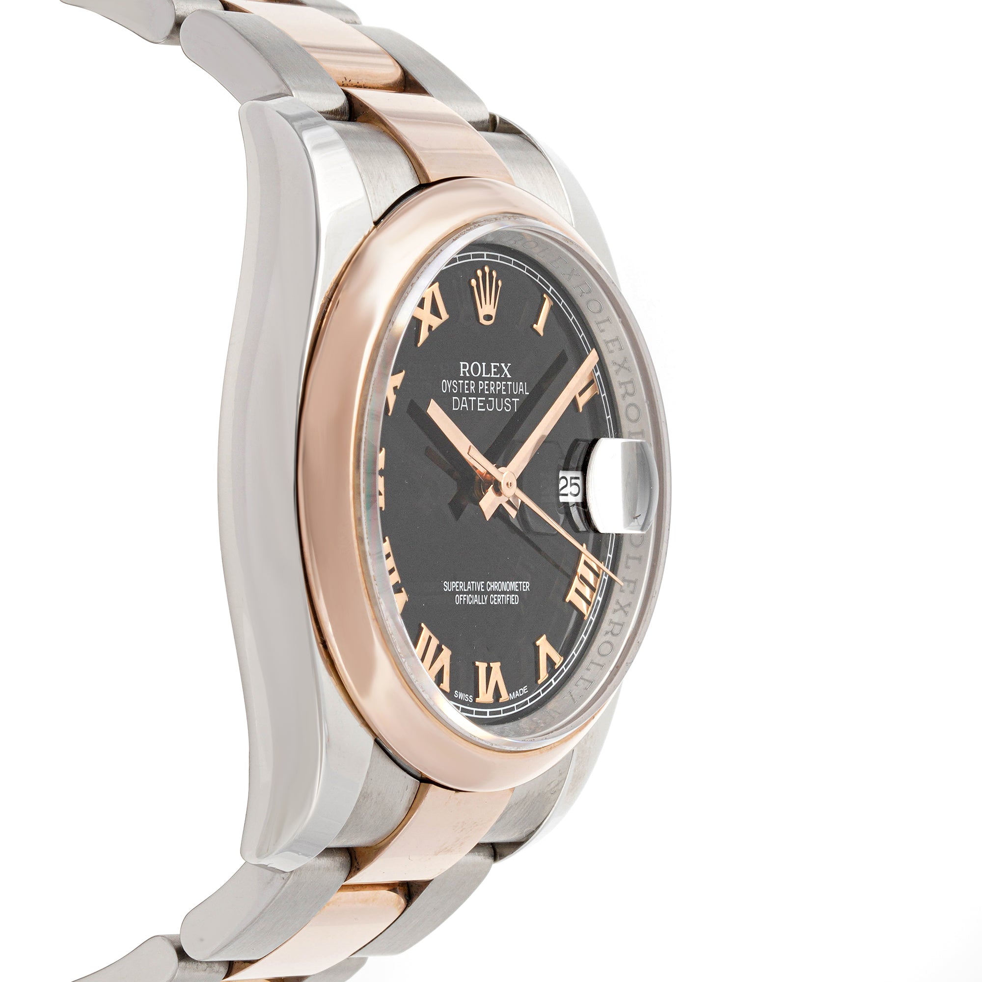 Rolex Datejust 36mm Stainless Steel & Rose Gold 116201 Black Dial | Roman Numerals hour markers, Smooth bezel