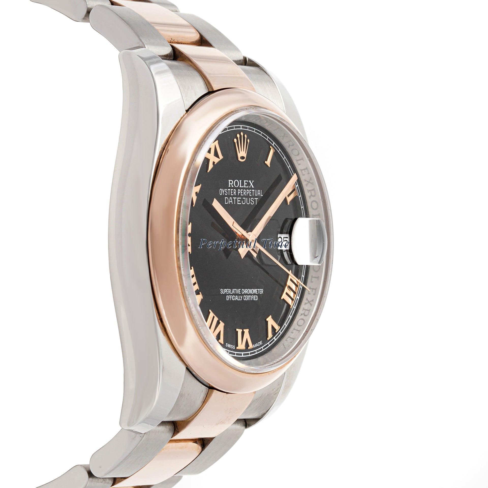 Rolex Datejust 36mm Stainless Steel & Rose Gold 116201 Black Dial | Roman Numerals hour markers, Smooth bezel
