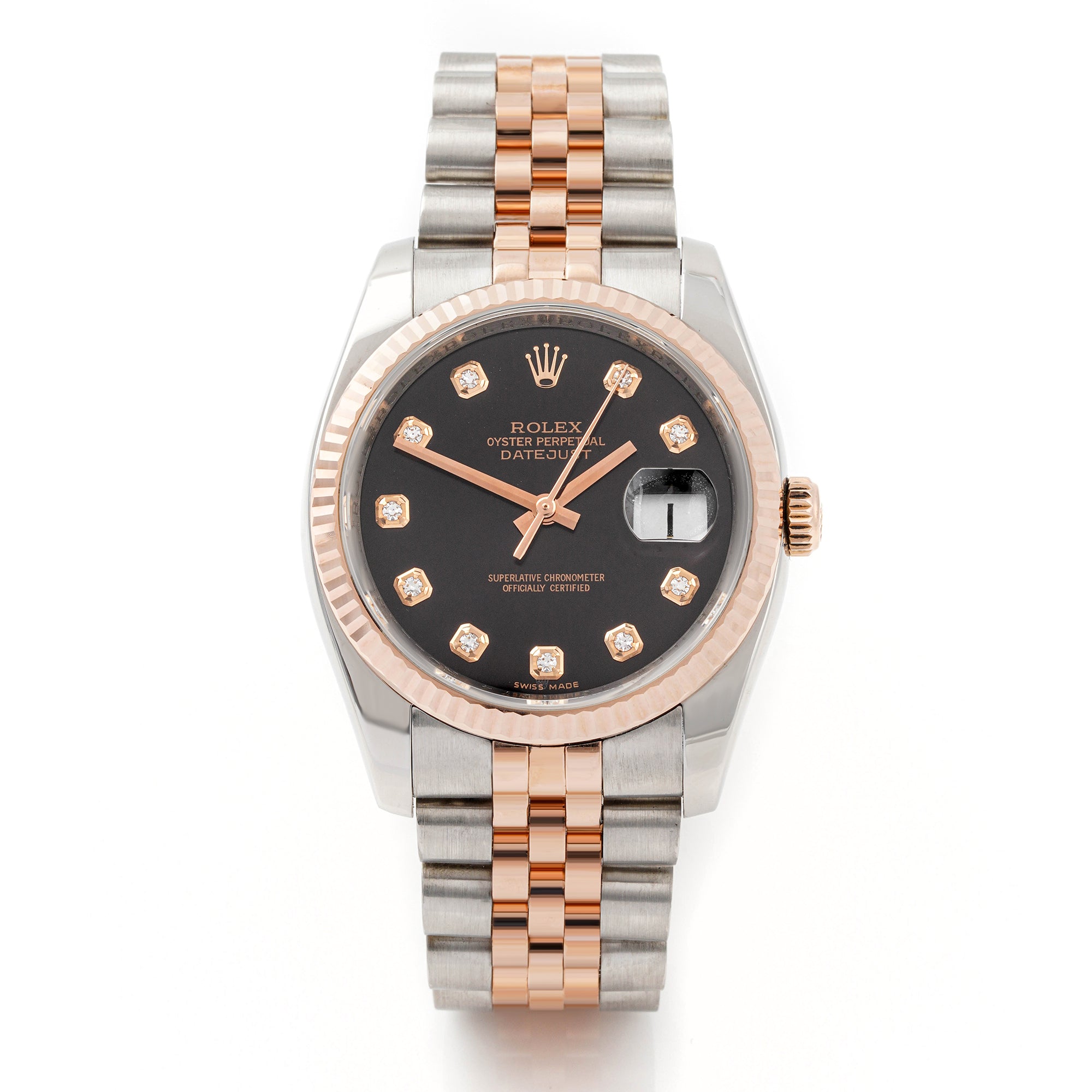 Rolex Datejust 36mm Stainless Steel & Rose Gold 116231 Black Dial | Diamond hour markers, Fluted bezel