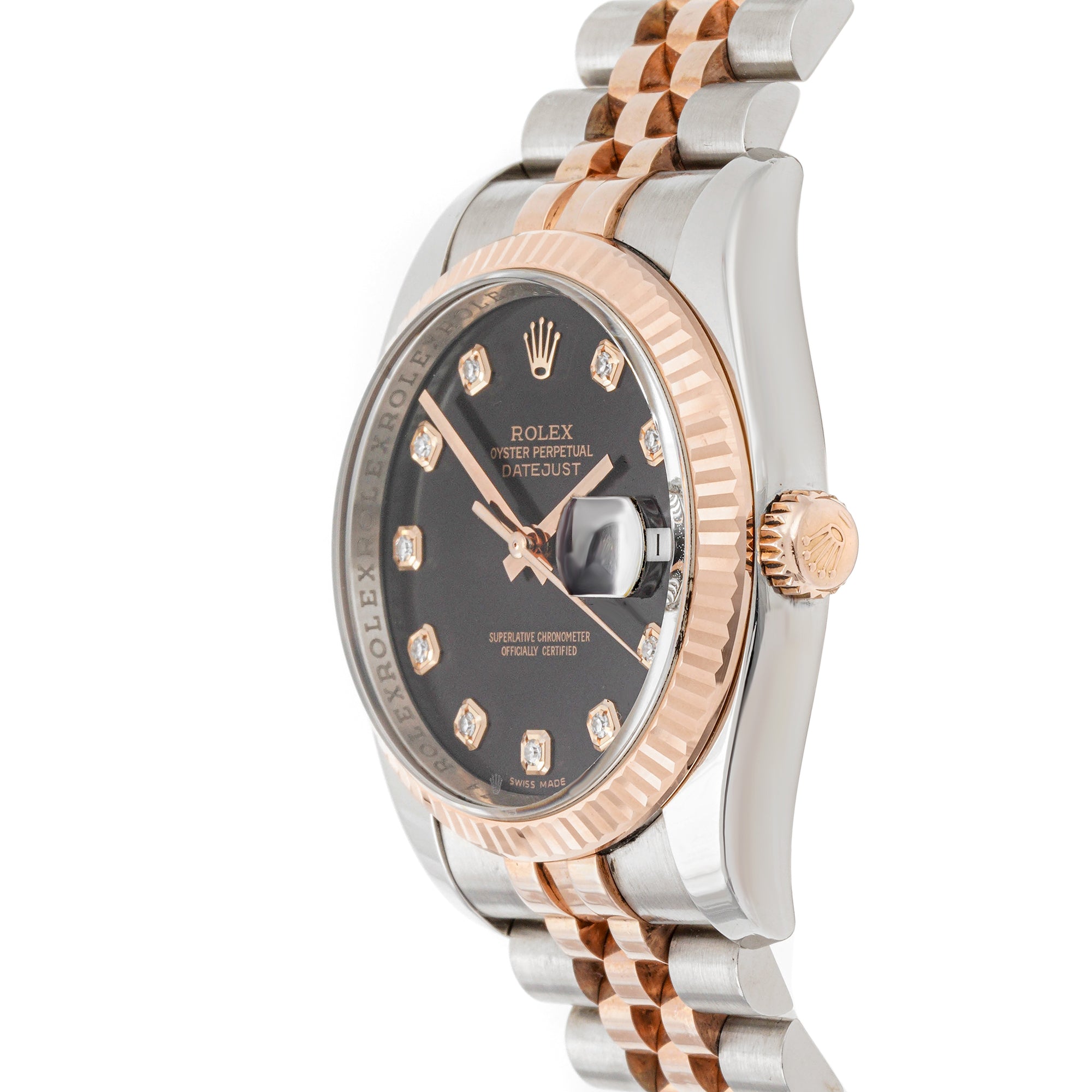 Rolex Datejust 36mm Stainless Steel & Rose Gold 116231 Black Dial | Diamond hour markers, Fluted bezel