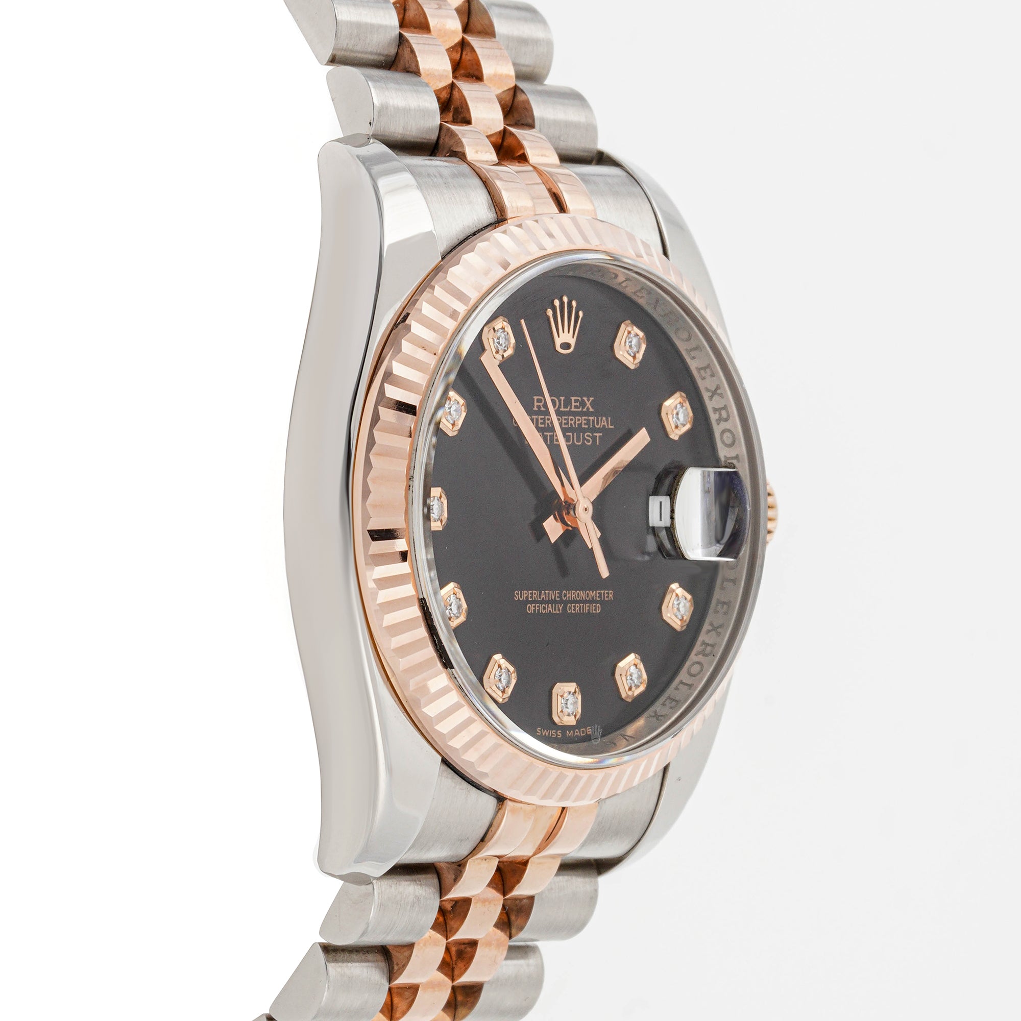 Rolex Datejust 36mm Stainless Steel & Rose Gold 116231 Black Dial | Diamond hour markers, Fluted bezel