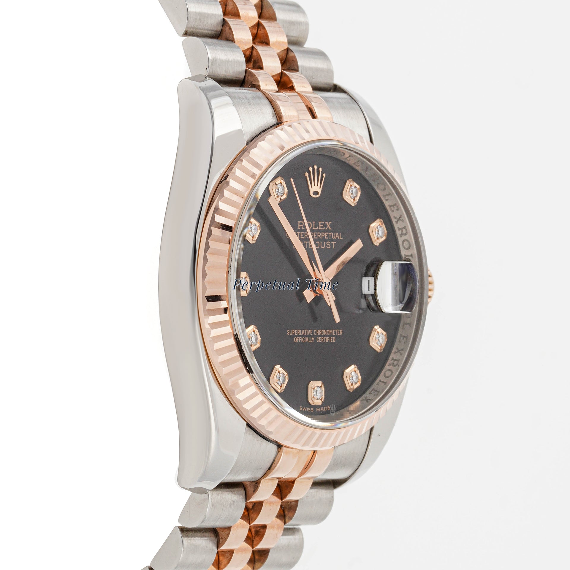 Rolex Datejust 36mm Stainless Steel & Rose Gold 116231 Black Dial | Diamond hour markers, Fluted bezel