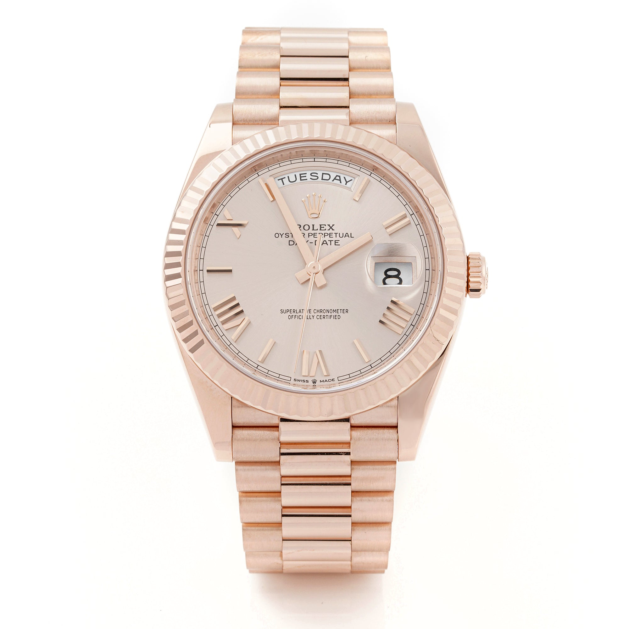 Rolex Day-Date 40 mm Rose Gold 228235 Silver Dial | Roman Numerals hour markers, Fluted bezel
