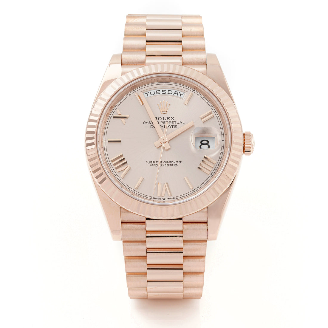 Rolex Day-Date 40 mm Rose Gold 228235 Silver Dial | Roman Numerals hour markers, Fluted bezel