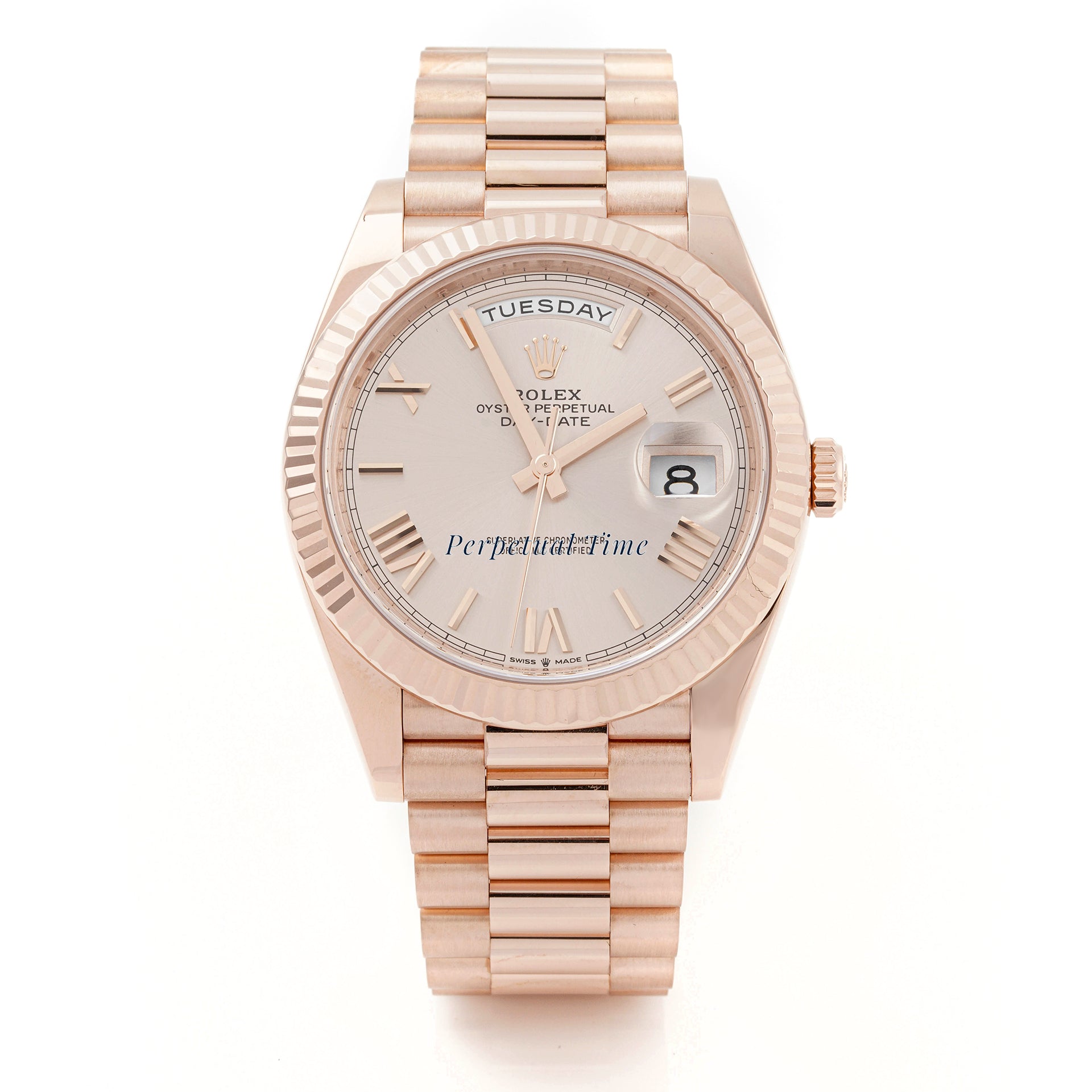 Rolex Day-Date 40 mm Rose Gold 228235 Silver Dial | Roman Numerals hour markers, Fluted bezel