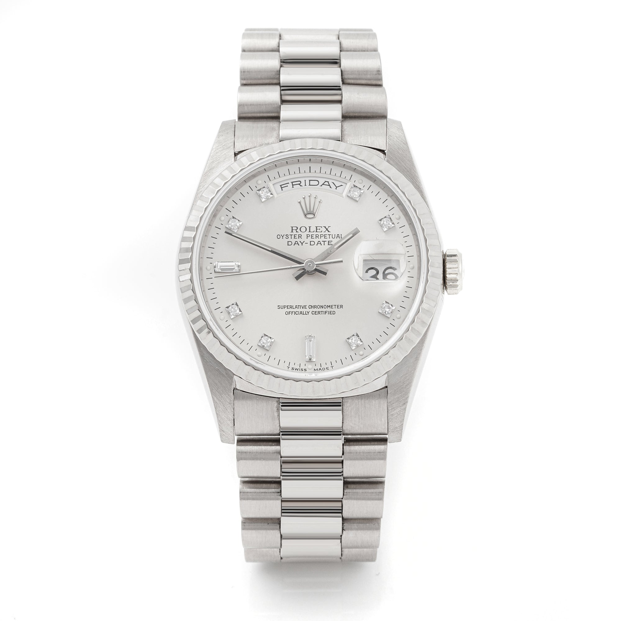 Rolex Day-Date 36mm White Gold 18239 Silver Dial | Diamond hour markers, Fluted bezel