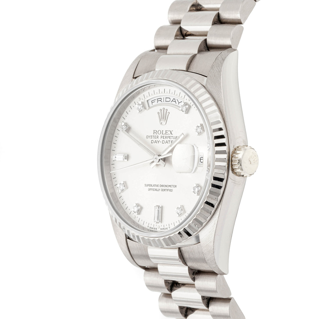 Rolex Day-Date 36mm White Gold 18239 Silver Dial | Diamond hour markers, Fluted bezel