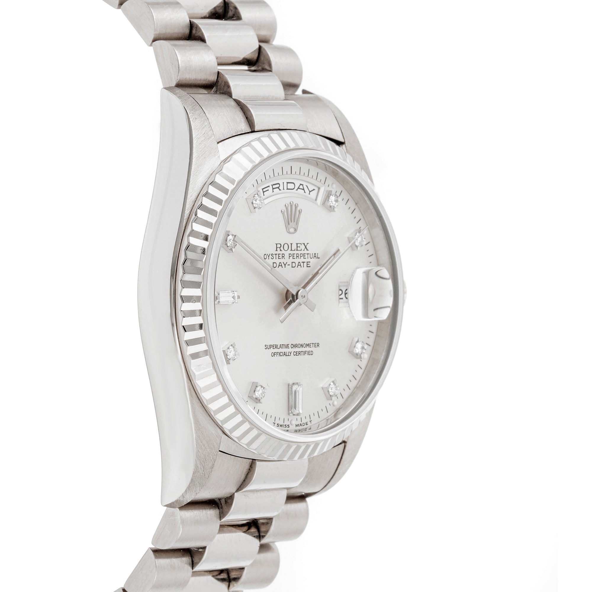 Rolex Day-Date 36mm White Gold 18239 Silver Dial | Diamond hour markers, Fluted bezel