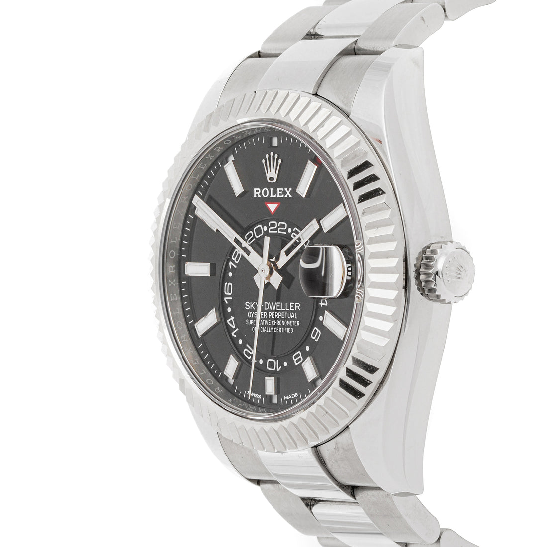 Rolex Sky-Dweller 42mm Stainless Steel & White Gold 326934 Black Dial | Index hour markers, Fluted bezel
