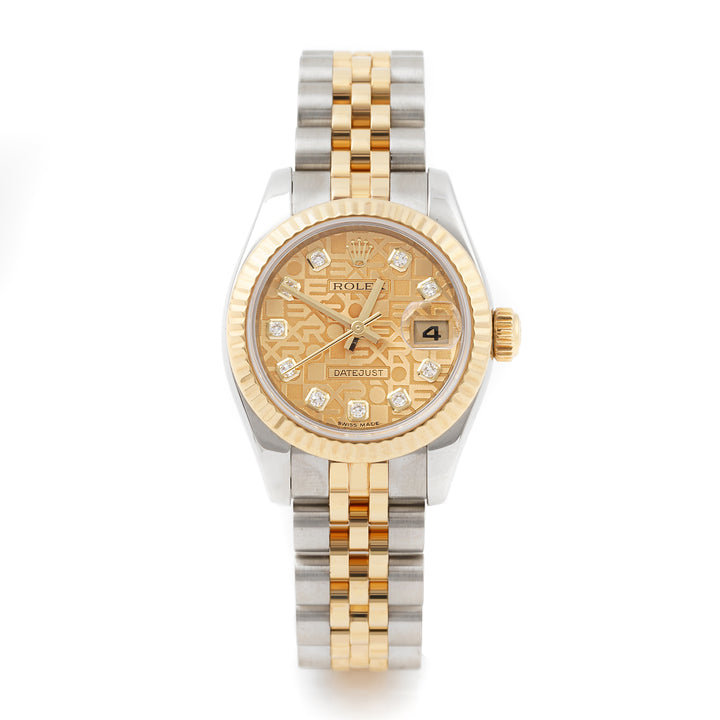 Rolex Datejust 26mm Stainless Steel & Yellow Gold 179173 Champagne Jubilee Dial | Diamond hour markers, Fluted bezel