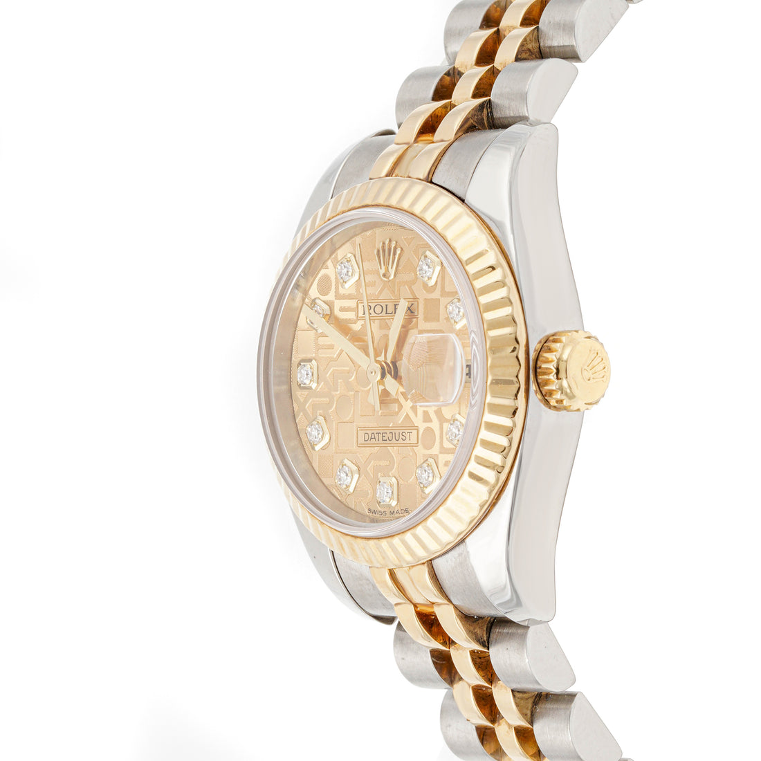 Rolex Datejust 26mm Stainless Steel & Yellow Gold 179173 Champagne Jubilee Dial | Diamond hour markers, Fluted bezel