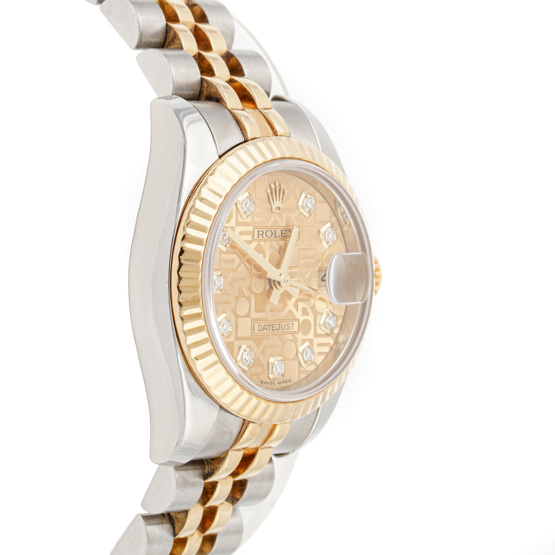 Rolex Datejust 26mm Stainless Steel & Yellow Gold 179173 Champagne Jubilee Dial | Diamond hour markers, Fluted bezel