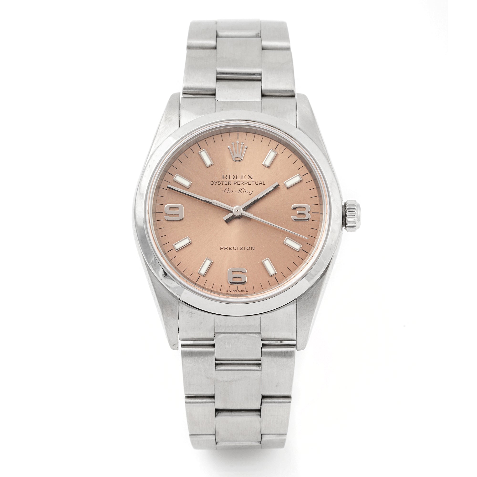 Rolex Air-King 34mm Stainless Steel 14000m Pink Salmon Dial | Index & 3-6-9 Arabic Numerals hour markers, Smooth bezel