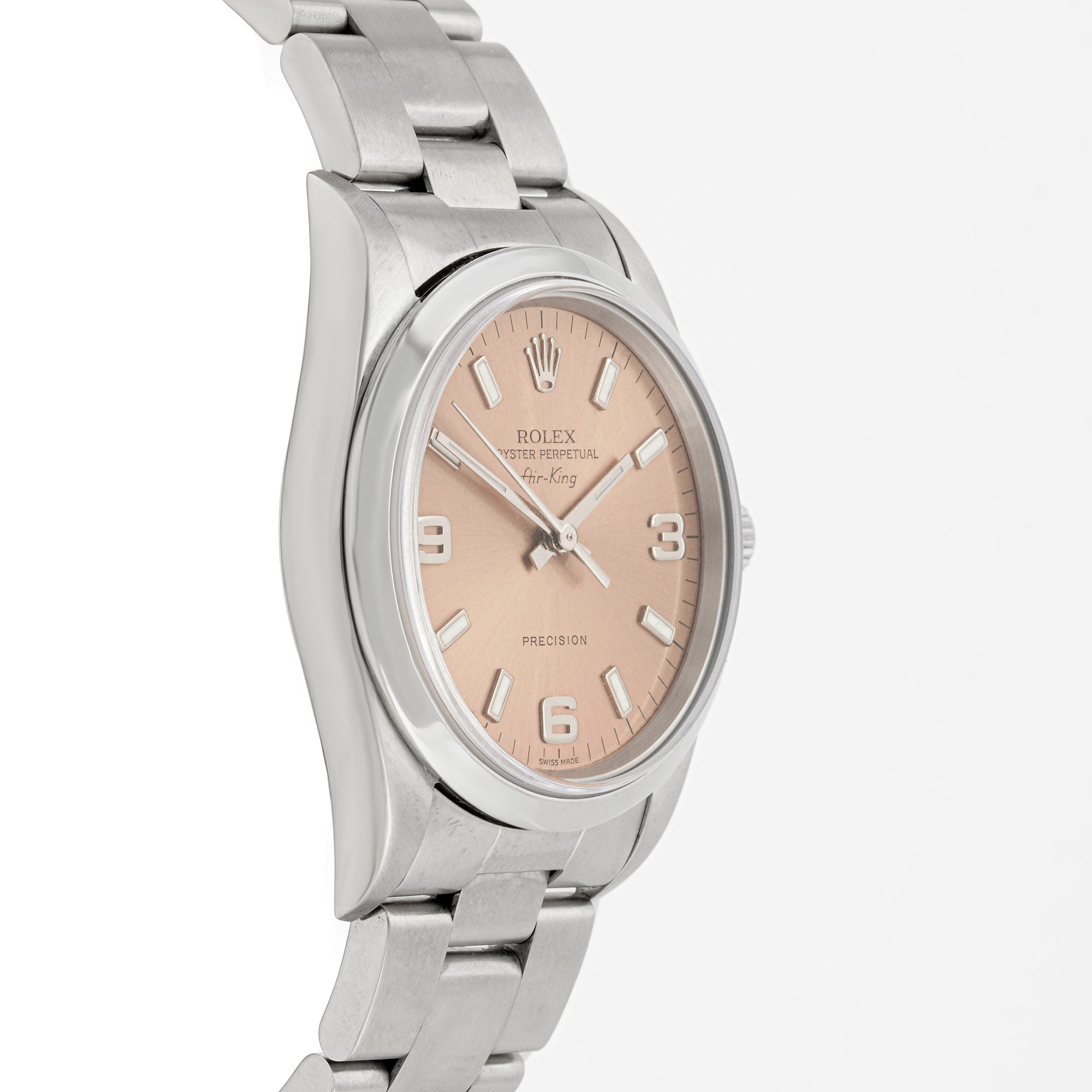 Rolex Air-King 34mm Stainless Steel 14000m Pink Salmon Dial | Index & 3-6-9 Arabic Numerals hour markers, Smooth bezel
