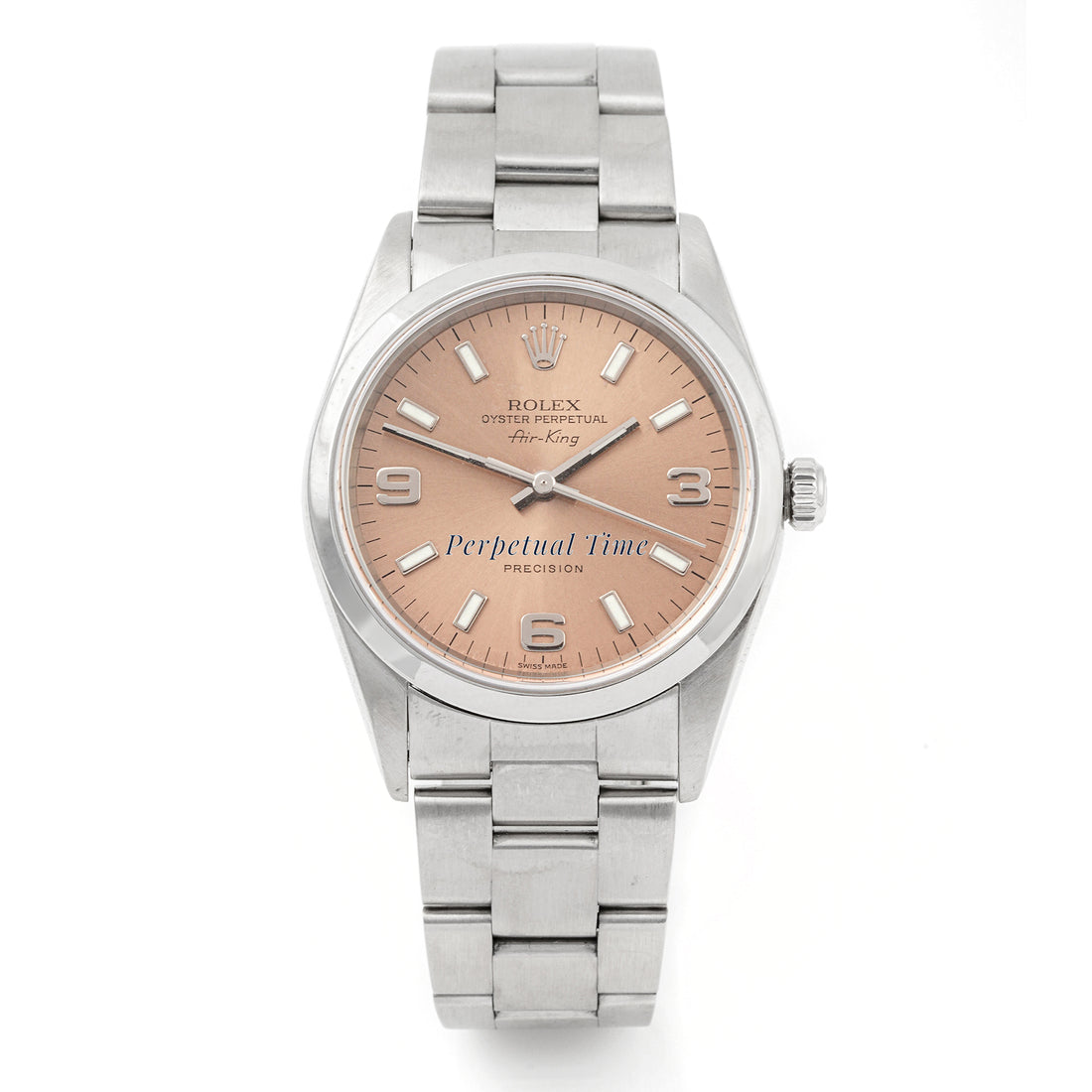 Rolex Air-King 34mm Stainless Steel 14000m Pink Salmon Dial | Index & 3-6-9 Arabic Numerals hour markers, Smooth bezel