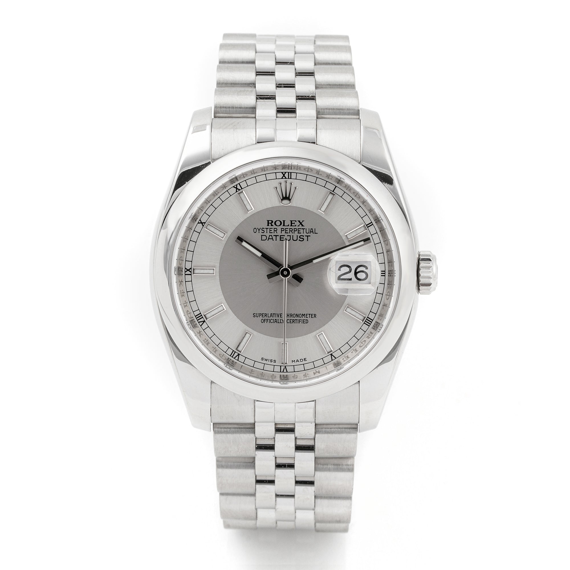 Rolex Datejust 36mm Stainless Steel 116200 Silver Tuxedo Dial | Index hour markers, Smooth bezel