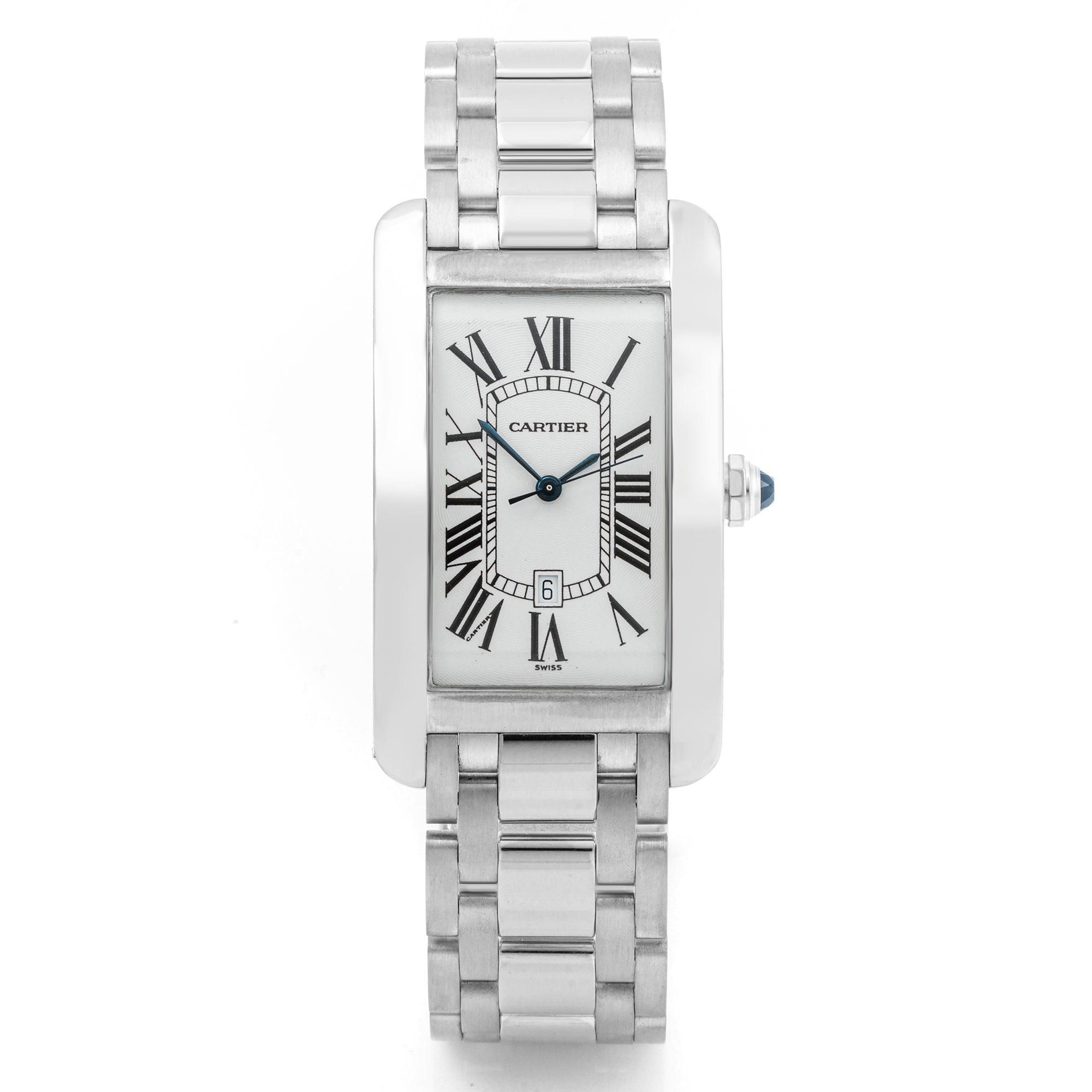 Cartier Tank Américaine 27x45 mm White Gold 1741 Guilloché Silver Dial | Roman Numerals hour markers, Smooth bezel