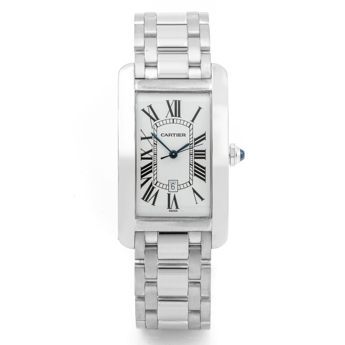 Cartier Tank Américaine 27x45 mm White Gold 1741 Guilloché Silver Dial | Roman Numerals hour markers, Smooth bezel