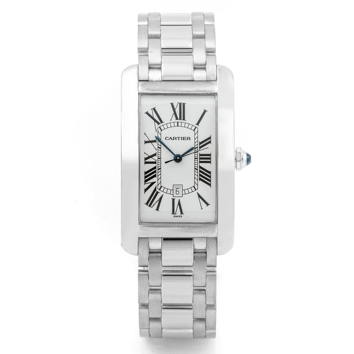 Cartier Tank Américaine 27x45 mm White Gold 1741 Guilloché Silver Dial | Roman Numerals hour markers, Smooth bezel