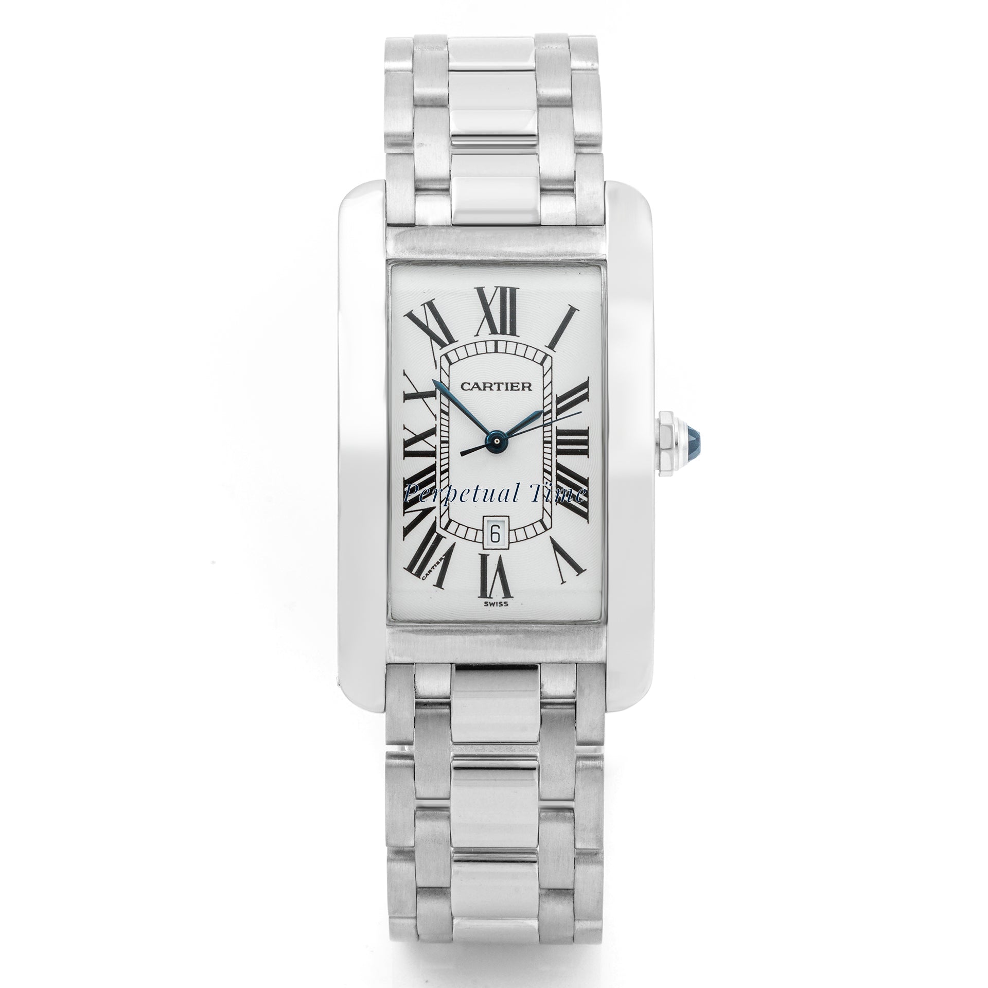 Cartier Tank Américaine 27x45 mm White Gold 1741 Guilloché Silver Dial | Roman Numerals hour markers, Smooth bezel