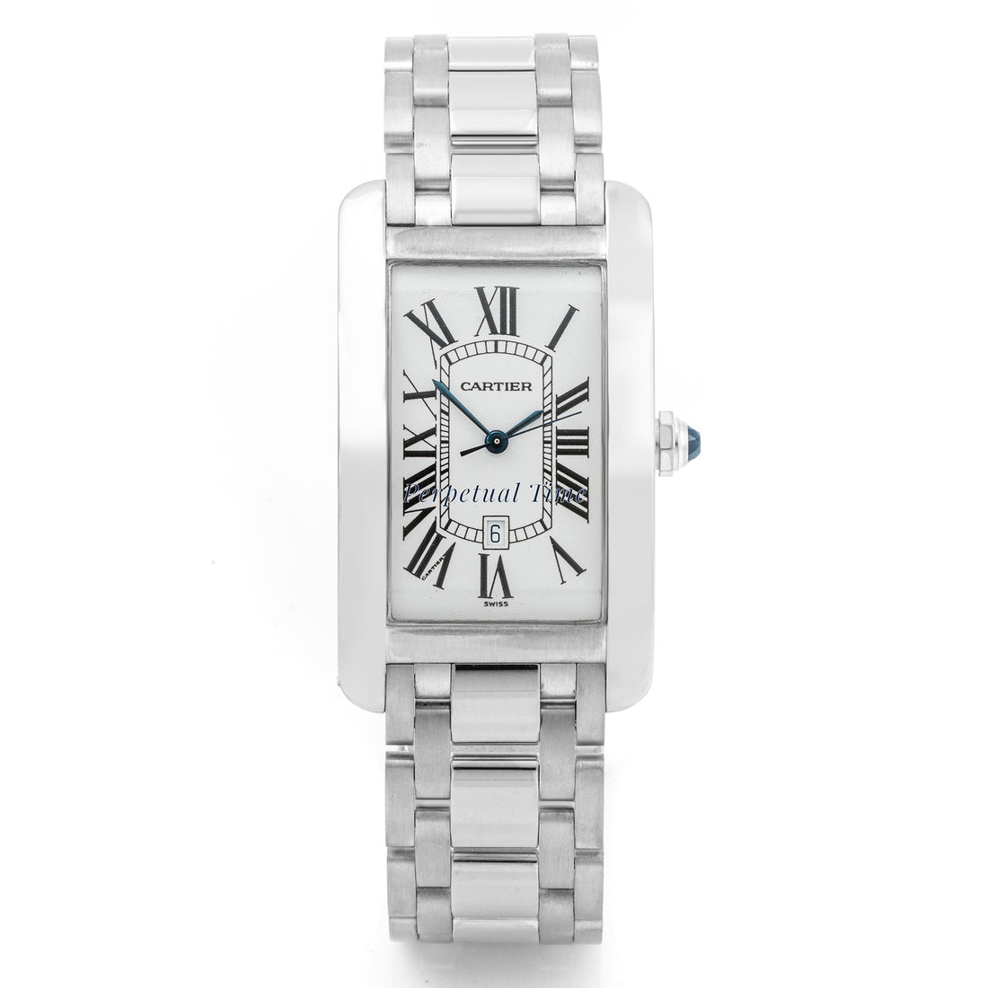 Cartier Tank Américaine 27x45 mm White Gold 1741 Guilloché Silver Dial | Roman Numerals hour markers, Smooth bezel