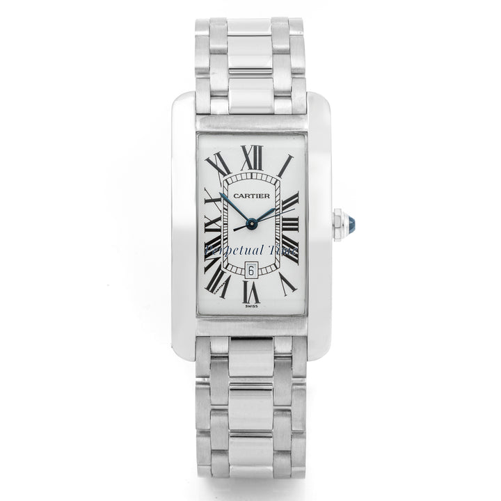 Cartier Tank Américaine 27x45 mm White Gold 1741 Guilloché Silver Dial | Roman Numerals hour markers, Smooth bezel